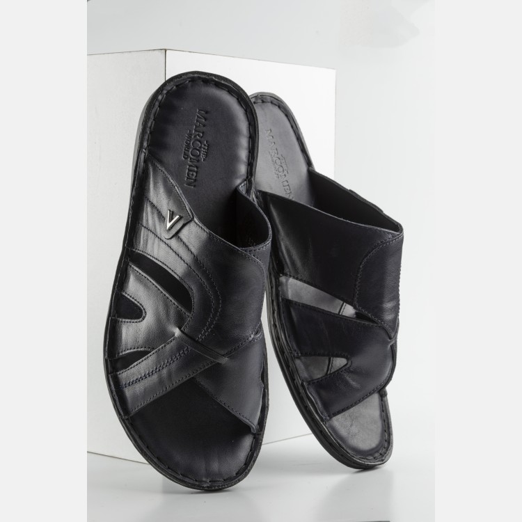​​Lacivert Hakiki Deri Comfort Taban Terlik