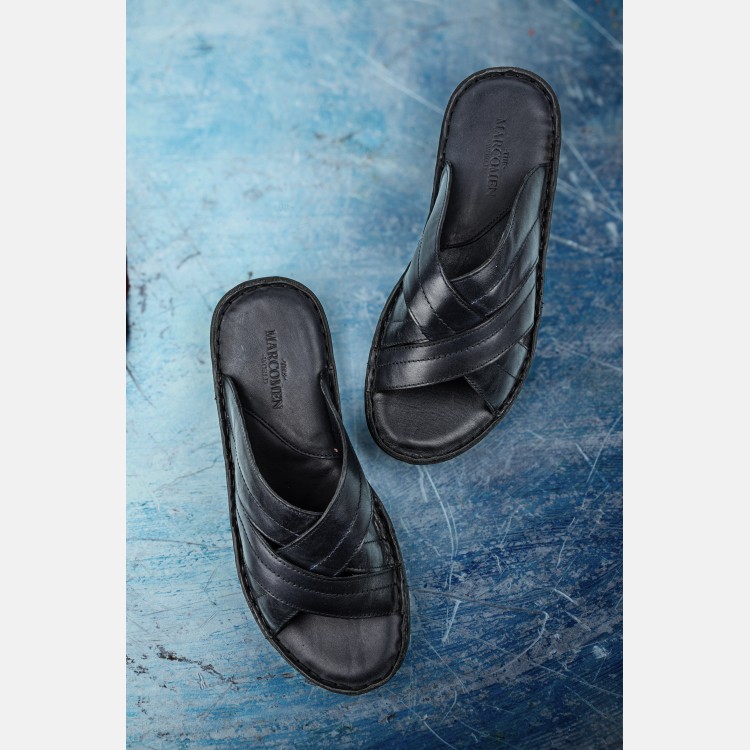 Lacivert Hakiki Deri Comfort Taban Terlik