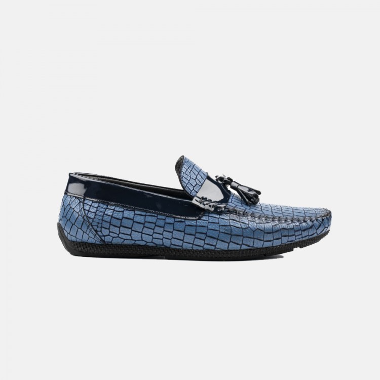 Mavi Deri Lazer Desenli Loafer